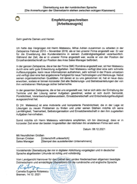 Arbeitszeugnis SMC Rumänien