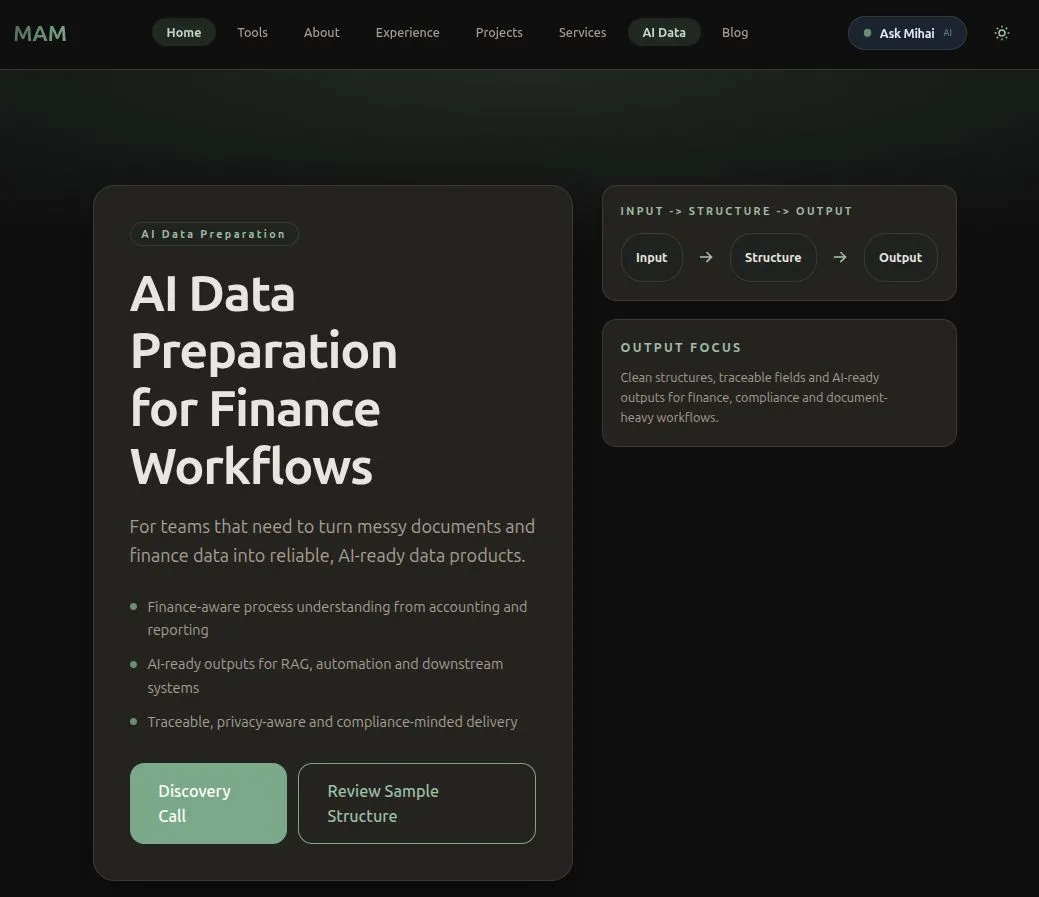 Landing page hero for AI Data Preparation for Finance Workflows, showing the main value proposition, finance-focused bullets, and the two primary calls to action