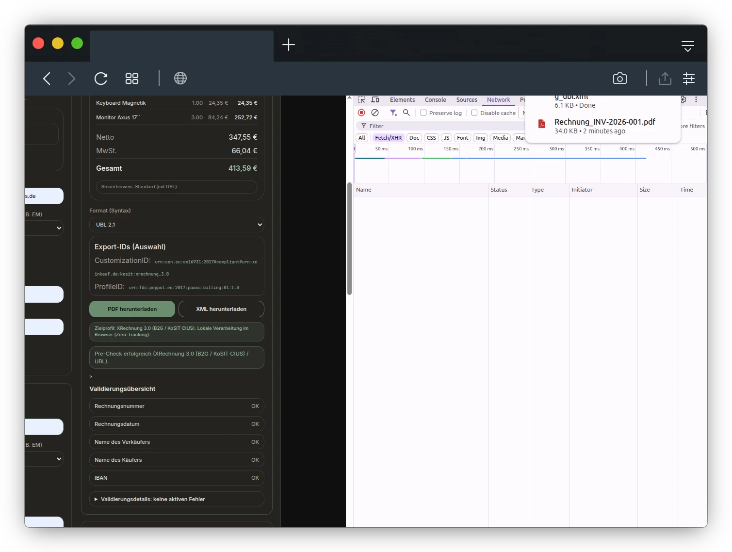 Chrome DevTools Network panel open alongside the XRechnung generator, showing the Fetch/XHR tab completely empty — zero outbound network requests during invoice generation. The only item visible is a locally generated PDF blob download of 34KB.