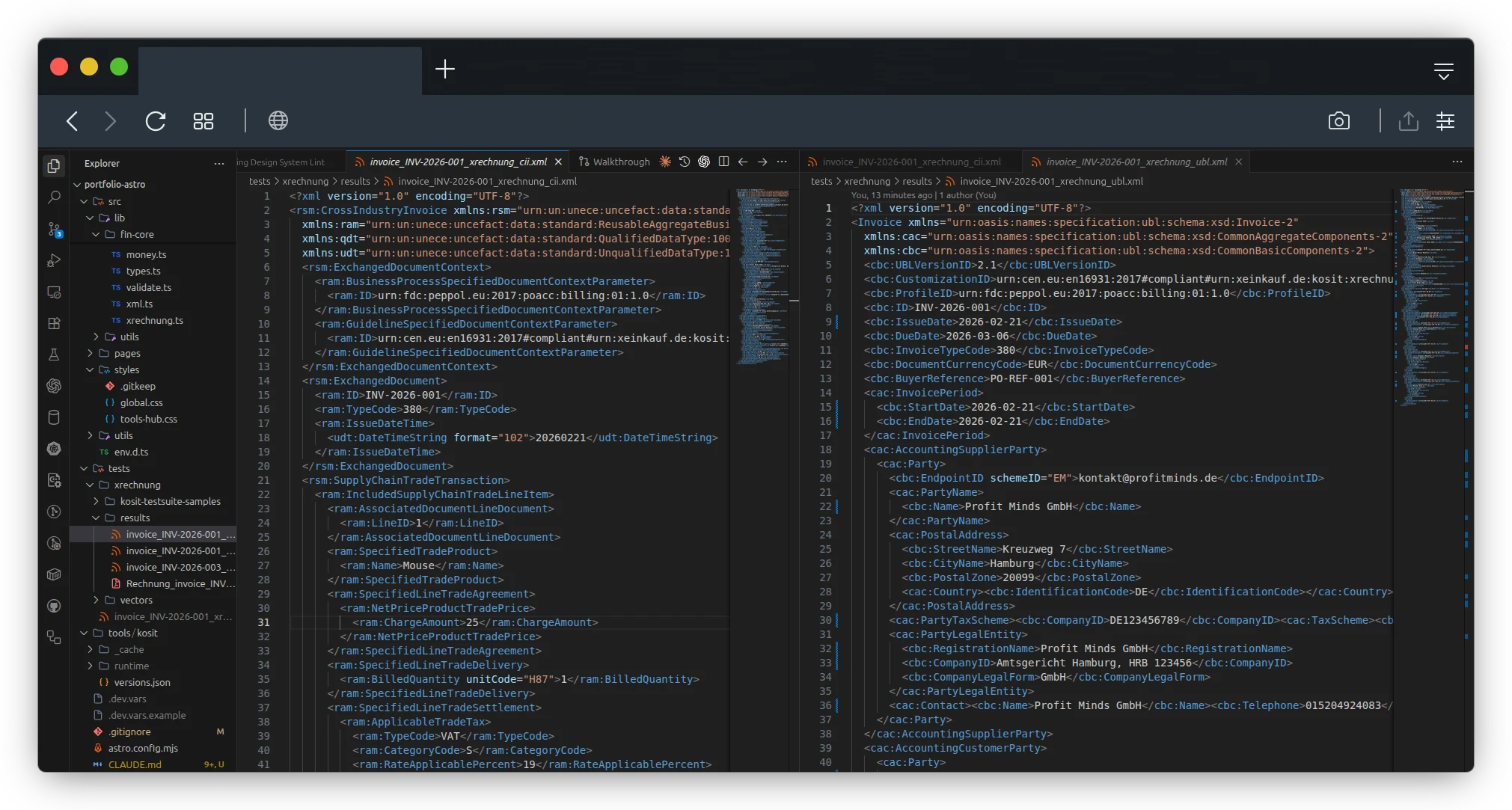 VS Code editor with a split view showing UBL 2.1 XML on the left and UN/CEFACT CII XML on the right, both generated from the same invoice data. The UBL file uses the Invoice root element with oasis UBL namespaces, while the CII file uses the rsm:CrossIndustryInvoice structure.