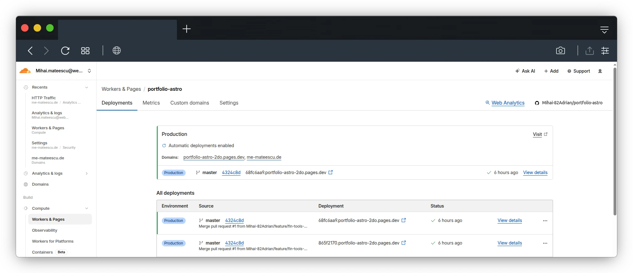 Cloudflare Pages dashboard for the portfolio-astro project showing the Deployments tab with automatic deployments enabled, the production domain me-mateescu.de, and the latest master branch deployment from 6 hours ago with status Production.